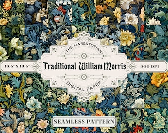 May include: A seamless pattern featuring a traditional William Morris design with intricate floral motifs in shades of blue, green, yellow, red, and white. The pattern is 13.6 inches by 13.6 inches and 300 DPI.