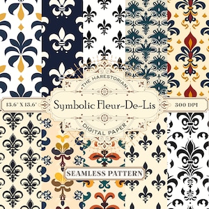 Fleur-De-Lis simbólico (conjunto de 10), fondo de pantalla francés, arte digital, descarga instantánea, papel imprimible, álbum de recortes, patrón sin costuras