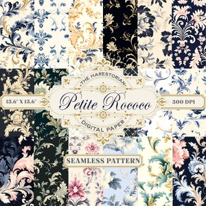 May include: A selection of digital paper with seamless Rococo patterns. The designs feature floral and scroll motifs in navy, cream, gold, and pink. The paper size is 34.5 cm x 34.5 cm and the resolution is 300 DPI. The image text reads "Petite Rococo Digital Paper".