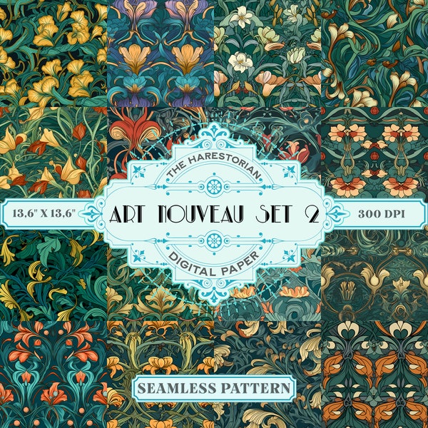 Art Nouveau Patterns (Set of 16), Digital Art, Instant Download, Printable Paper, Scrapbook, Seamless Pattern, Art Deco