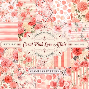 Coral Pink Love Affair (Zestaw 37), Walentynki, Kwiaty, Sztuka cyfrowa, Natychmiastowe pobieranie, Papier do druku, Album, Wzór bezszwowy
