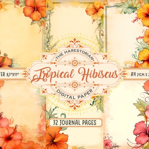 Tropical Hibiscus (Set of 32), Junk Journal Pages, Letter & A4, Hawaiian Flowers, Digital Art, Instant Download, Printable Paper, Scrapbook