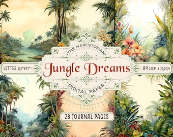 Jungle Dreams (Set of 28), Junk Journal Pages, Letter & A4 Format, Tropical, Wood, Digital Art, Instant Download, Printable Paper, Scrapbook