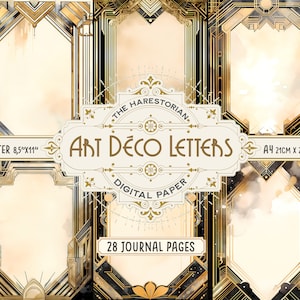 May include: A set of 28 digital paper backgrounds in an Art Deco style. The papers feature geometric patterns in black, gold, and white with a watercolor effect. The papers are available in Letter (8.5 x 11 inches) and A4 (21 x 29.7 cm) sizes.
