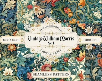 May include: A digital paper pack featuring four seamless patterns inspired by the designs of William Morris. The patterns are in a vintage style with intricate floral motifs in shades of blue, green, red, and yellow. The text "Vintage William Morris Set 1" is displayed on a gold banner.