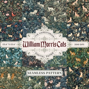 May include: A digital paper pack featuring a seamless pattern of cats in a William Morris style. The pattern is in shades of green, blue, and brown with white cats and flowers. The text "THE HARESTORIAN. William Morris Cats 300 DPI DIGITAL PAPER SEAMLESS PATTERN" is included in the design.