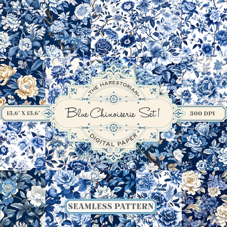 Blue Chinoiserie (set of 20), Eastern Asian Pattern, Digital Art ...