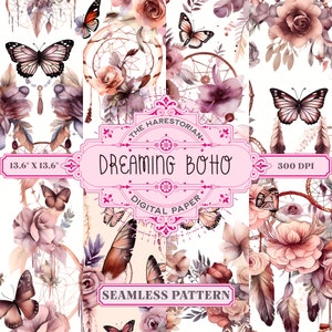 Dreaming Boho Pattern (Set di 8), Piume e acchiappasogni, Arte digitale, Download istantaneo, Carta stampabile, Scrapbook, Modello senza cuciture
