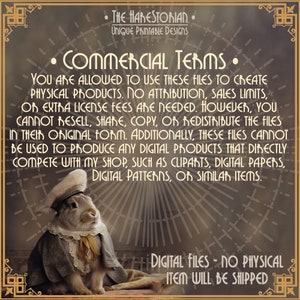May include: A digital download graphic design commercial use terms and conditions document with a cartoon rabbit wearing a hat and a jacket. The text reads: "You are allowed to use these files to create physical products. No attribution, sales limits, or extra license fees are needed. However, you cannot resell, share, copy, or redistribute the files in their original form. Additionally, these files cannot be used to produce any digital products that directly compete with my shop, such as clipart, digital papers, digital patterns, or similar items. Digital Files - No Physical Item Will Be Shipped."