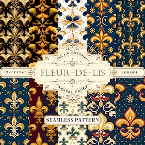 Flor de lis (conjunto de 10), papel de parede francês, arte digital, download instantâneo, papel para impressão, álbum de recortes, padrão sem costura