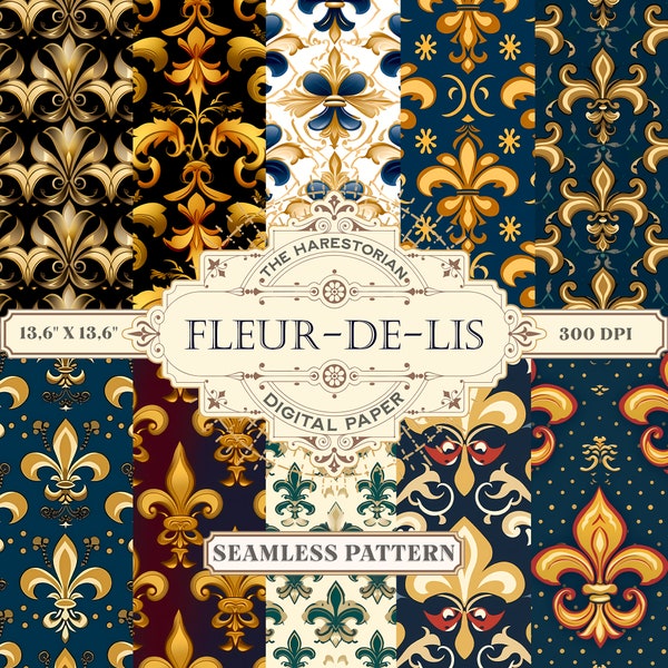 Fleur-De-Lis (Set of 10), French Wallpaper, Digital Art, Instant Download, Printable Paper, Scrapbook, Seamless Pattern