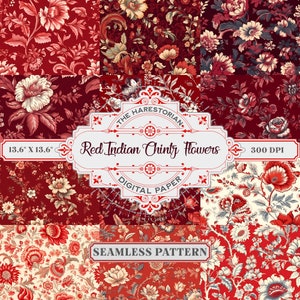 Red Indian Chintz (Set of 12), Flowers Wallpaper, Digital Art, Instant Download, Printable Paper, Scrapbook, Seamless Pattern