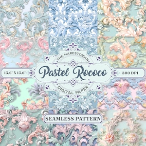 May include: A set of four seamless digital paper patterns featuring pastel colored rococo style designs. The patterns are 13.6 inches by 13.6 inches and 300 DPI. The text "THE HARESTORIAN. Pastel Rococo DIGITAL PAPER" is in the center of the image.