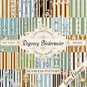 May include: A digital paper pack with 12 seamless patterns featuring Regency Biedermeier style floral designs in shades of brown, green, blue, and white. The patterns are striped and feature delicate floral motifs. The text "The Harestorian. Regency Biedermeier. Digital Paper. Seamless Pattern. 300 DPI. Earthy Wallpapers" is included in the image.