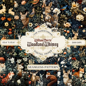 Peut inclure: Un motif sans couture sur fond sombre avec une variété de créatures de la forêt, y compris des cerfs, des renards, des lapins et des oiseaux. Le motif est entouré d'un cadre décoratif avec le texte "William Morris' Woodland Whimsy" et "Digital Paper".
