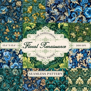 May include: A set of six digital paper patterns featuring intricate floral designs in shades of blue, green, and gold. The patterns are seamless and can be used for a variety of crafting projects. The text "Floral Renaissance" is displayed in a vintage-style font.