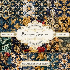 May include: A digital paper pack with 12 seamless patterns featuring intricate gold baroque designs on a dark blue background. The patterns are 13.6 inches by 13.6 inches and 300 DPI. The text "The Harestorian Baroque Elegance Digital Paper Seamless Pattern" is included in the image.