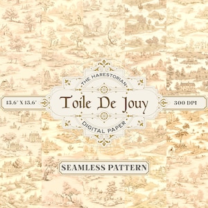 Toile De Jouy (Set of 20), Cream Yellow, French Pastoral Romantic Wallpaper, Digital Art, Printable Paper, Scrapbook, Seamless Pattern