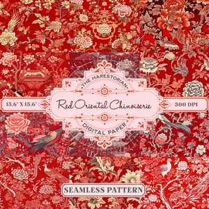 Rot Chinoiserie (11er-Set), Ostasiatische Muster, Vögel, digitale Kunst, Sofort Download, Druckpapier, Scrapbook, Muster