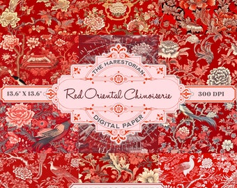 Chinoiseries rouges (lot de 11), motif d'Asie orientale, oiseaux, art numérique, téléchargement immédiat, papier imprimable, scrapbooking, motif transparent