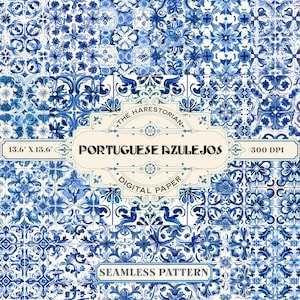 Portuguese Azulejos Tiles (Set of 21), Digital Art, Instant Download, Printable Paper, Scrapbook, Seamless Pattern