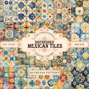 Distressed Mexican Tiles (Set of 20), Digital Art, Instant Download, Printable Paper, Scrapbook, Seamless Pattern