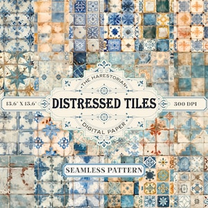 Distressed Tiles (Set of 24), Old Vintage Kitchen Tiles, Digital Art, Instant Download, Printable Paper, Scrapbook, Seamless Pattern