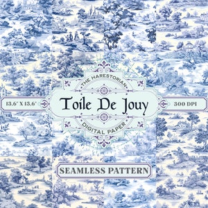 Toile De Jouy (conjunto de 16), AZUL CLÁSSICO, papel de parede romântico pastoral francês, arte digital, papel para impressão, álbum de recortes, padrão sem costura