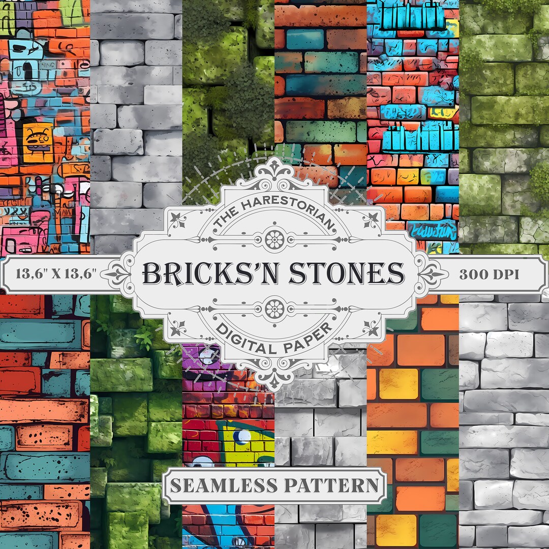 Bricks'n Stones (set of 12), Brick Wall Pattern, Graffiti, Digital Art ...