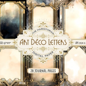May include: 28 digital journal pages with Art Deco style frames in gold and black. The frames are on a watercolor background with a galaxy theme. The text "Art Deco Letters" is in a decorative font.