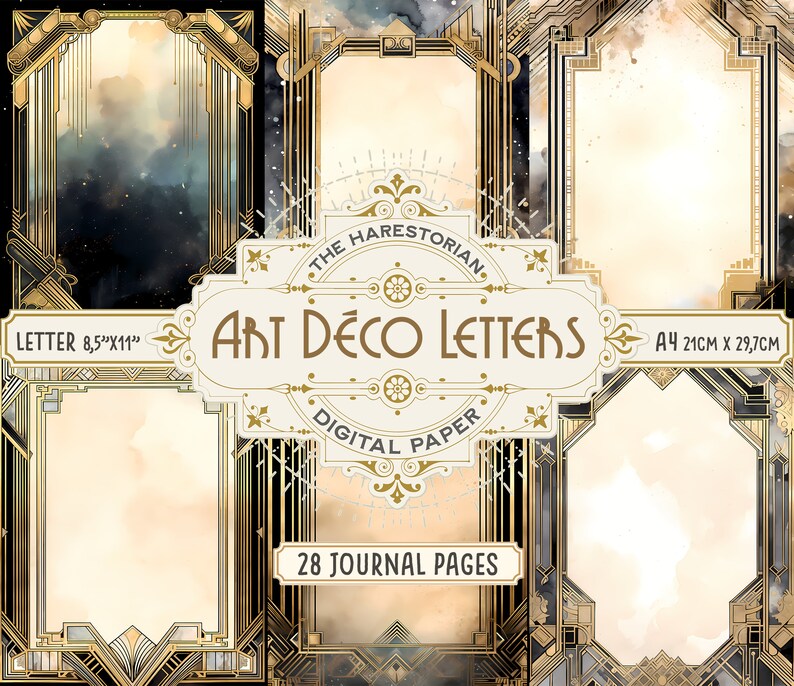 May include: 28 digital journal pages with Art Deco style frames in gold and black. The frames are on a watercolor background with a galaxy theme. The text "Art Deco Letters" is in a decorative font.