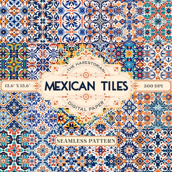 Mexican Tiles (Set of 24), Digital Art, Instant Download, Printable Paper, Scrapbook, Seamless Pattern