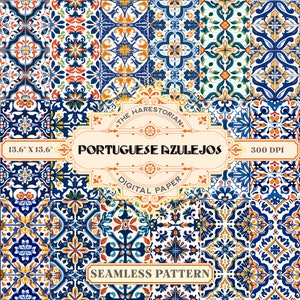 Portuguese Azulejos Tiles (Set of 17), Digital Art, Instant Download, Printable Paper, Scrapbook, Seamless Pattern