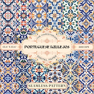 Portuguese Azulejos Tiles (Set of 17), Digital Art, Instant Download, Printable Paper, Scrapbook, Seamless Pattern