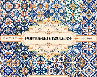 May include: A digital paper pack featuring 9 seamless patterns of Portuguese Azulejos tiles. The tiles are in shades of blue, white, yellow, and orange with intricate geometric designs. The pack is 13.6 inches by 13.6 inches and 300 DPI.