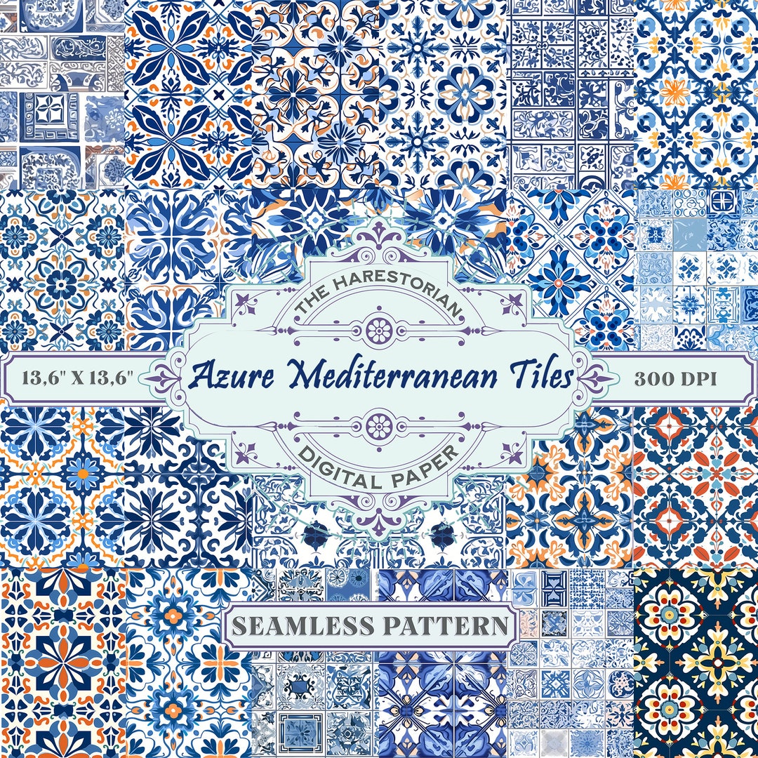 Azure Mediterranean Tiles (set of 22), Digital Art, Instant Download ...