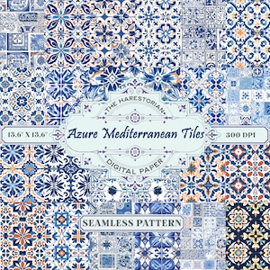 May include: A digital paper pack featuring 12 seamless patterns of blue, white, and orange Mediterranean tiles. The patterns are arranged in a grid and labeled "Azure Mediterranean Tiles" and "Seamless Pattern".