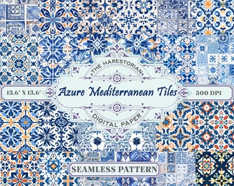 Azure Mediterranean Tiles (Set of 22), Digital Art, Instant Download, Printable Paper, Scrapbook, Seamless Pattern