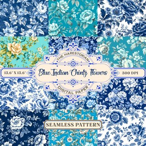 Blue Indian Chintz (Set of 12), Flowers Wallpaper, Digital Art, Instant Download, Printable Paper, Scrapbook, Seamless Pattern