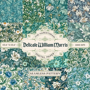 Puede incluir: Un paquete de papel digital con ocho patrones sin costuras inspirados en los diseños de William Morris. Los patrones son en tonos de verde, azul y blanco y presentan motivos florales. El texto "The Harestorian. Delicate William Morris. Digital Paper. Seamless Pattern. 300 DPI" se muestra en la imagen.