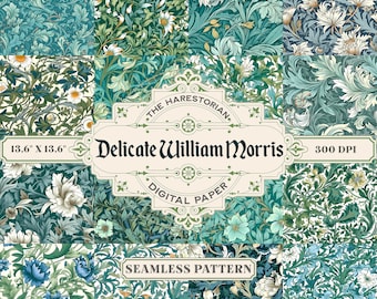 May include: A digital paper pack featuring eight seamless patterns inspired by the designs of William Morris. The patterns are in shades of green, blue, and white and feature floral motifs. The text "The Harestorian. Delicate William Morris. Digital Paper. Seamless Pattern. 300 DPI" is displayed on the image.