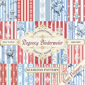 Könnte beinhalten: Ein digitales Papierpaket mit 12 nahtlosen Mustern mit blauen und rosa Streifen mit floralen Designs. Das Paket trägt den Titel "Regency Biedermeier" und hat 300 DPI. Die Muster sind 13,6 Zoll mal 13,6 Zoll groß.