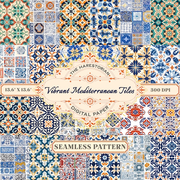 Vibrant Mediterranean Tiles (Set of 22), Digital Art, Instant Download, Printable Paper, Scrapbook, Seamless Pattern