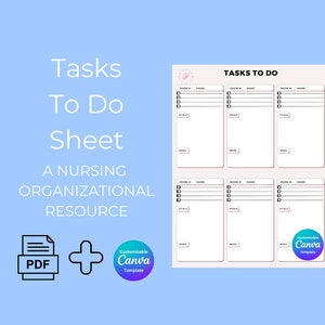 Peut inclure: Une feuille de tâches infirmières à faire imprimable avec un modèle Canva personnalisable. La feuille est divisée en six sections, chacune avec un en-tête pour le numéro de la chambre, le nom du patient, les tâches, les signes vitaux et les médicaments.