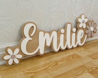 Baby Girl Name Sign, Boho Daisy Bedroom Plaque, Floral Nursery Decor, Wooden Layered Wall Hanging, First Birthday Gift, Baby Shower Present