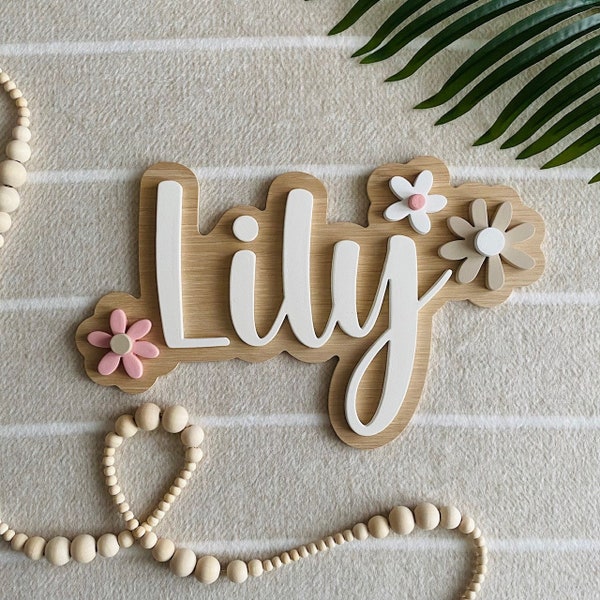 Baby Girl Name Sign, Boho Daisy Bedroom Plaque, Floral Nursery Decor, Wooden Layered Wall Hanging, First Birthday Gift, Baby Shower Present