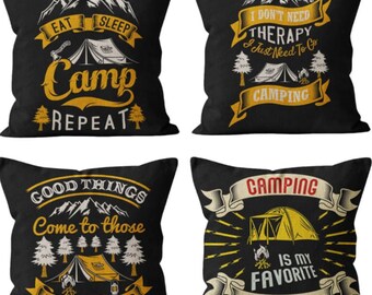 Camping Themed Decorative Pillow Cases, Camping Therapy Zippered Pillowcase, Eat Sleep Camp Repeat Nature Outdoor Cushion Covers Black
