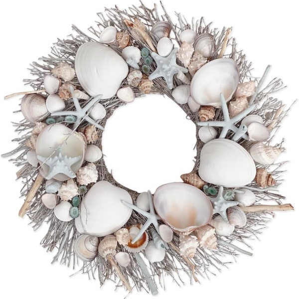 ANDALUCA Blue White Seashells & Starfish Natural Wreath