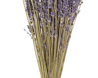 Op de afbeelding: Een bos gedroogde lavendel met slanke, groene stelen en delicate paarse bloemhoofdjes. De lavendel is aan de basis samengebonden, wat een aantrekkelijke opstelling creëert. Perfect voor huisdecoratie of aromatherapie.