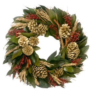 May include: A decorative wreath featuring green leaves, red berries, golden pinecones, and wheat stalks. The wreath is circular and has a natural, festive appearance, suitable for seasonal home decor.